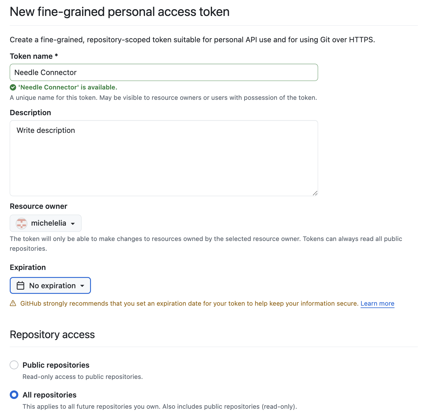 New fine-grained personal access token form