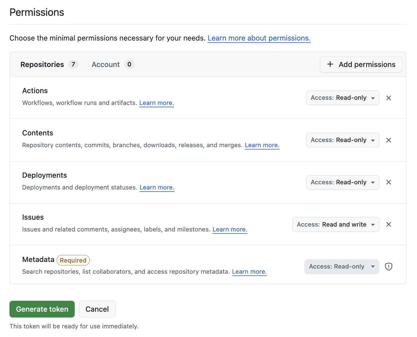 Repository access and permissions selection